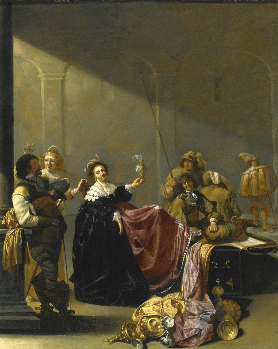 a guardroom interior with a seated woman amongst plunder